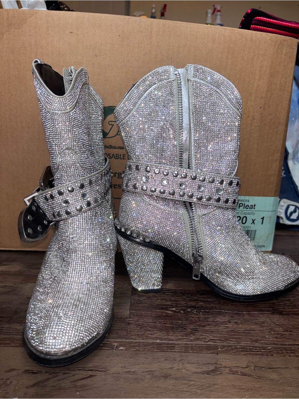 Crystal-Stone Silver Heeled Ankle Boots with Studded Strap
